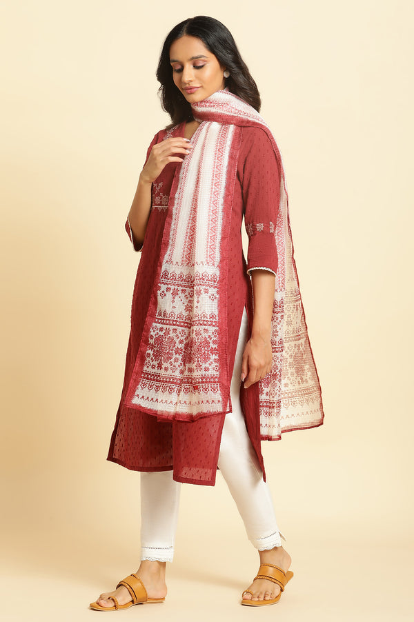Ecru and Maroon Printed Kota Dupatta