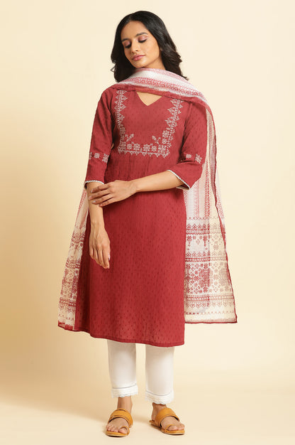 Ecru And Maroon Printed Kota Dupatta