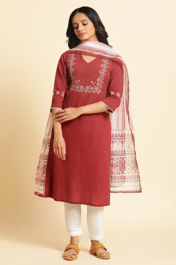 Ecru and Maroon Printed Kota Dupatta