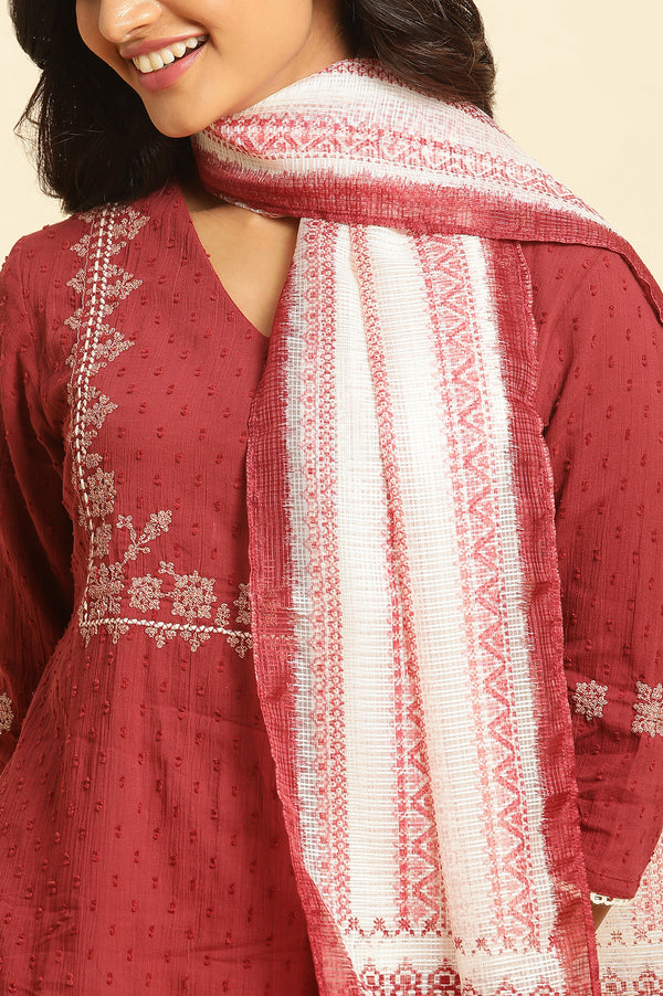 Ecru and Maroon Printed Kota Dupatta