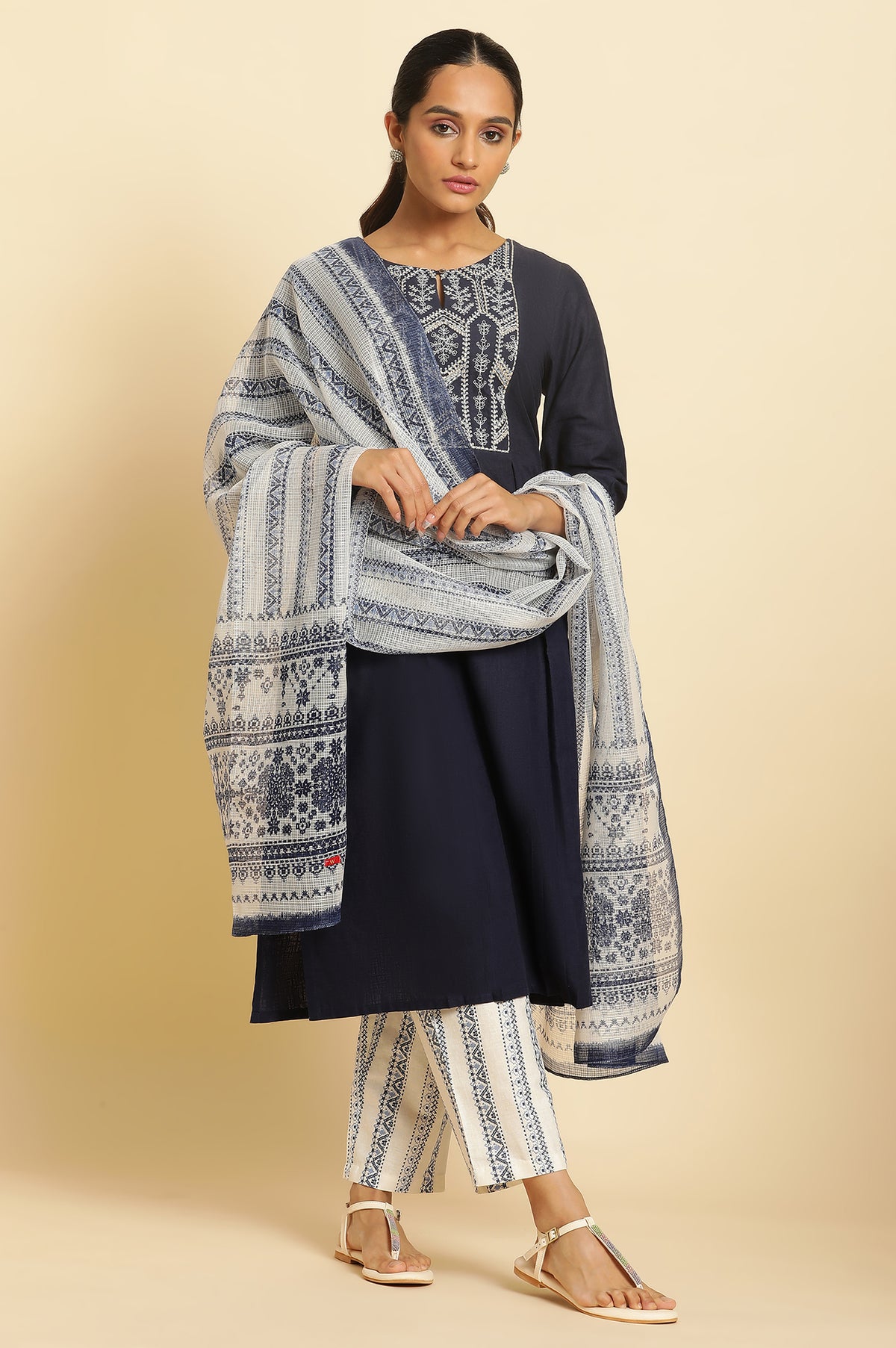 White And Blue Kota Printed Dupatta - FS