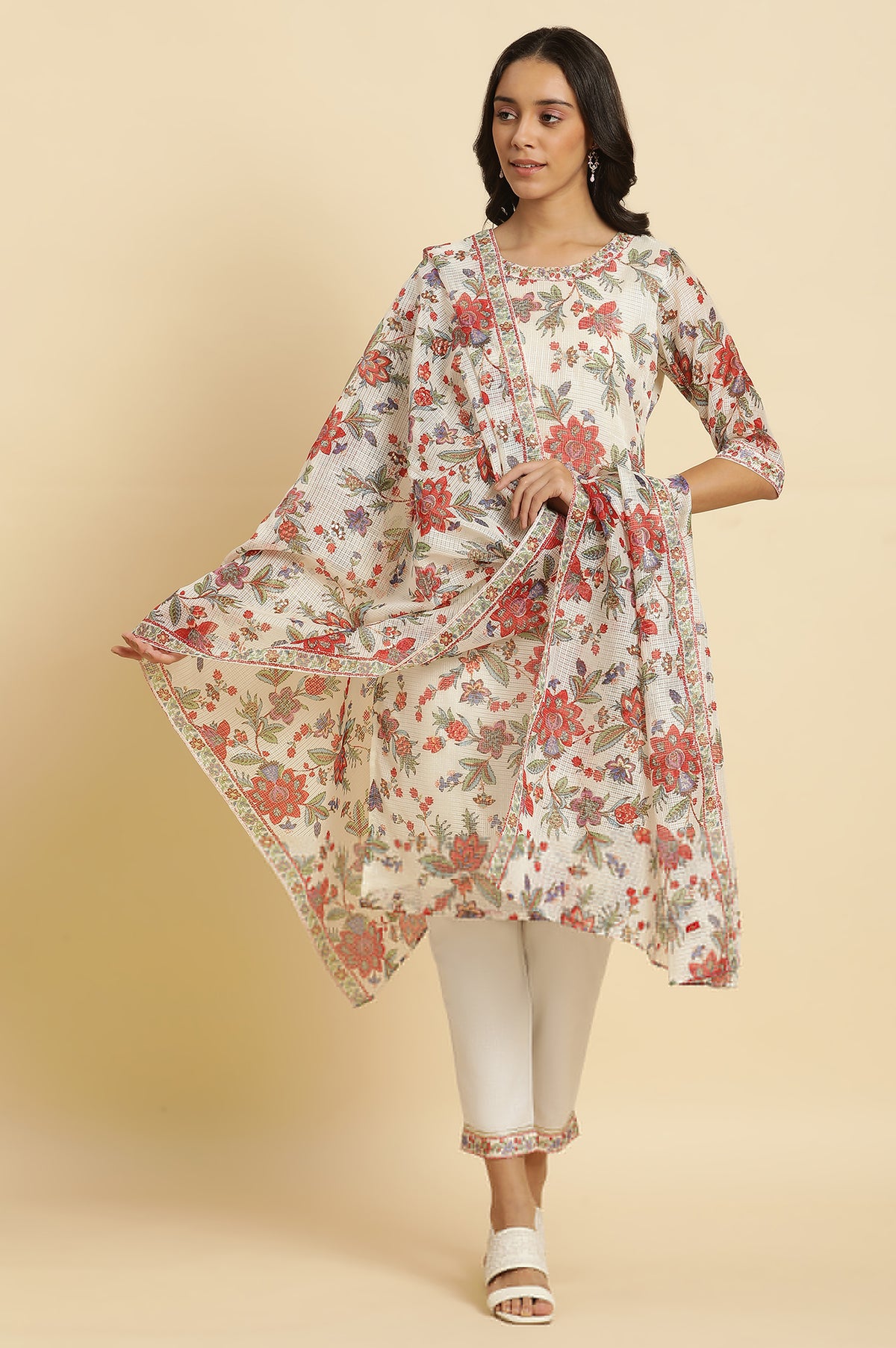 Ecru Kota Dupatta in Multi-Coloured Floral Print - FS