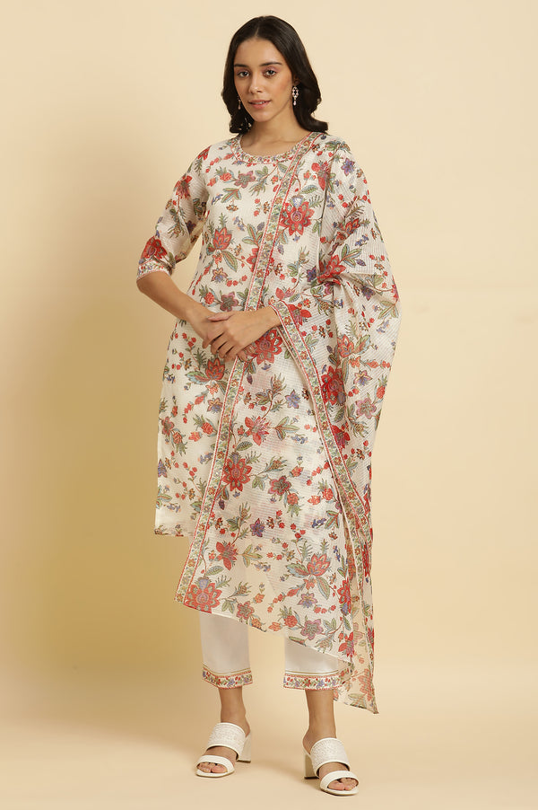 Ecru Kota Dupatta in Multi-Coloured Floral Print