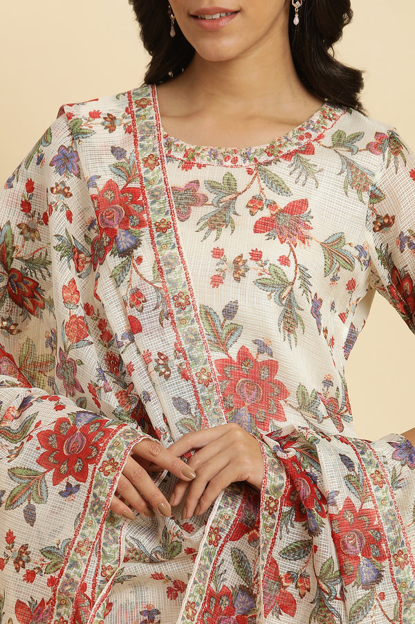 Ecru Kota Dupatta in Multi-Coloured Floral Print