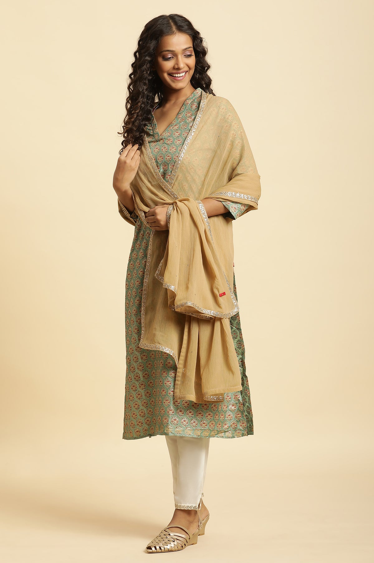 Golden Chiffon Dupatta With Sequin Border - FS