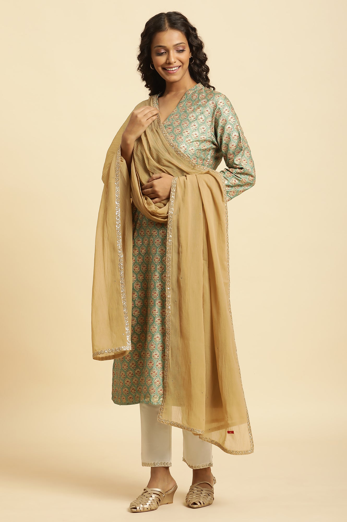 Gold Solid Sequined Rectangular Chiffon Dupatta