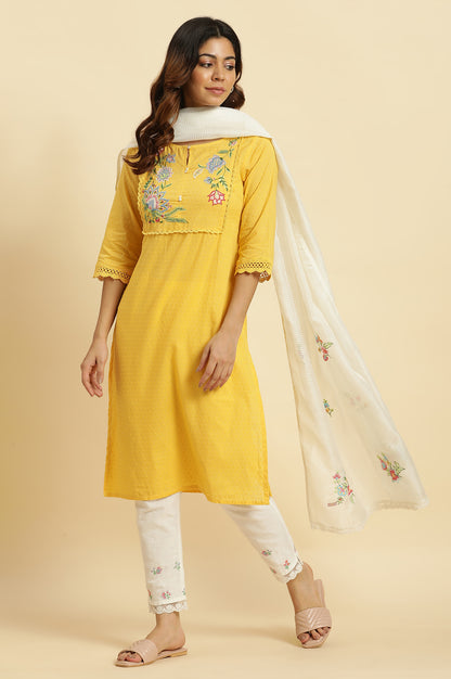 White Floral Embroidered Lace Trim Kota Dupatta