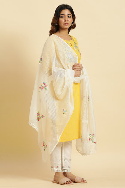 White Floral Embroidered Lace Trim Kota Dupatta