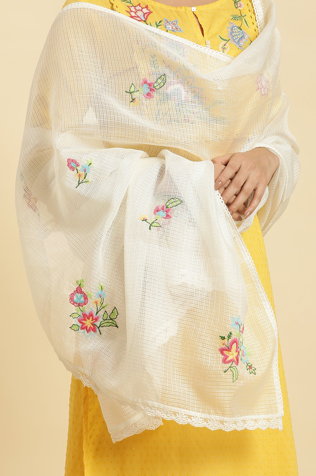 White Floral Embroidered Lace Trim Kota Dupatta