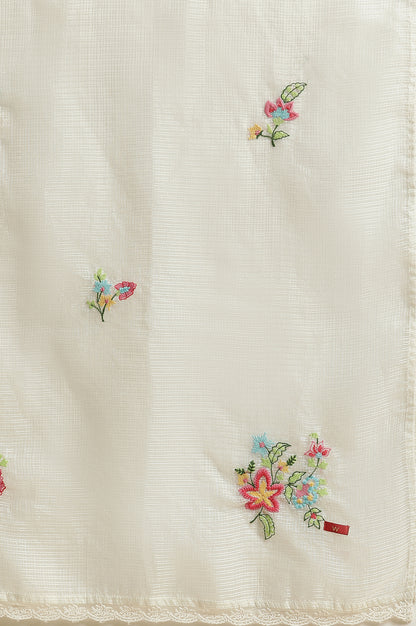 White Floral Embroidered Lace Trim Kota Dupatta
