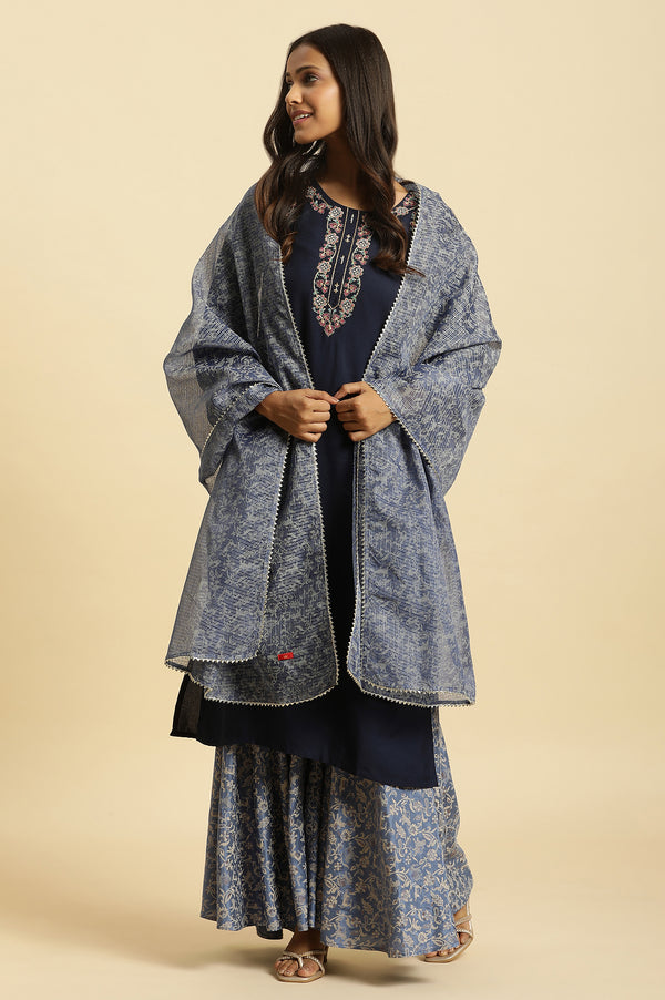 Blue Printed Kota Dupatta