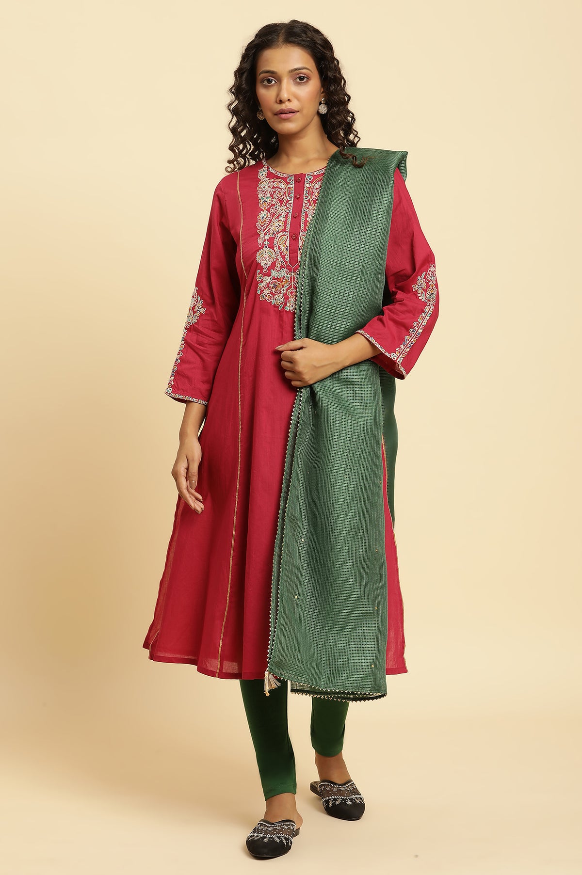 Dark Green Embellished Kota Dupatta with Gota - FS
