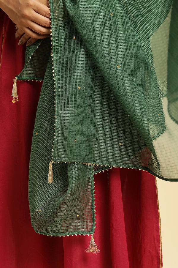 Dark Green Embellished Kota Dupatta with Gota