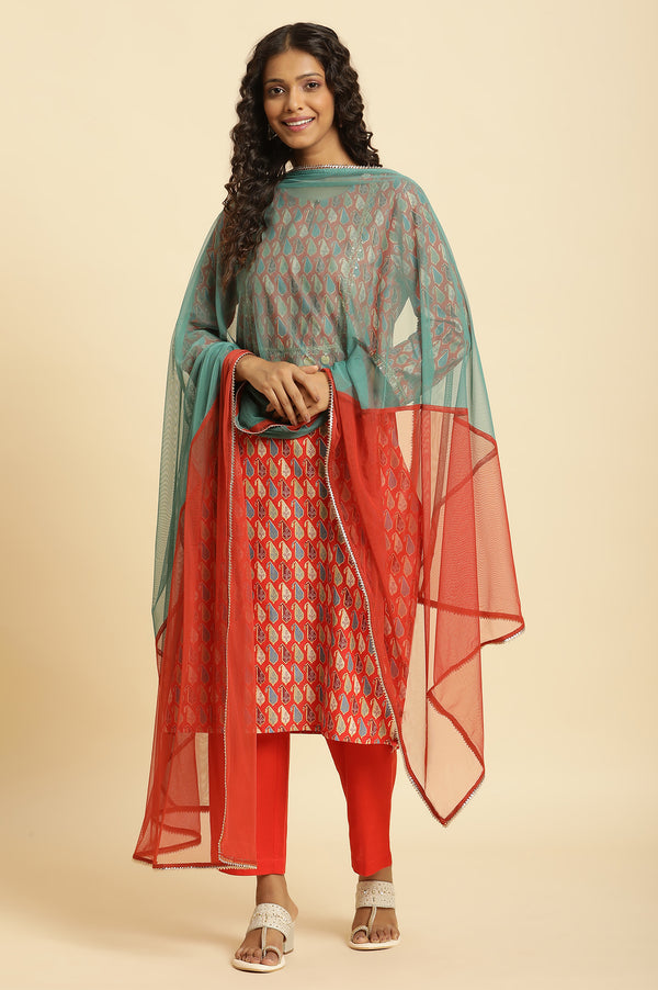 Orange and Teal Half-and-Half Net Dupatta