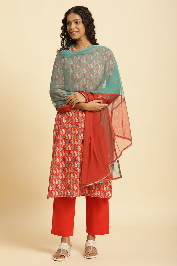 Orange and Teal Half-and-Half Net Dupatta