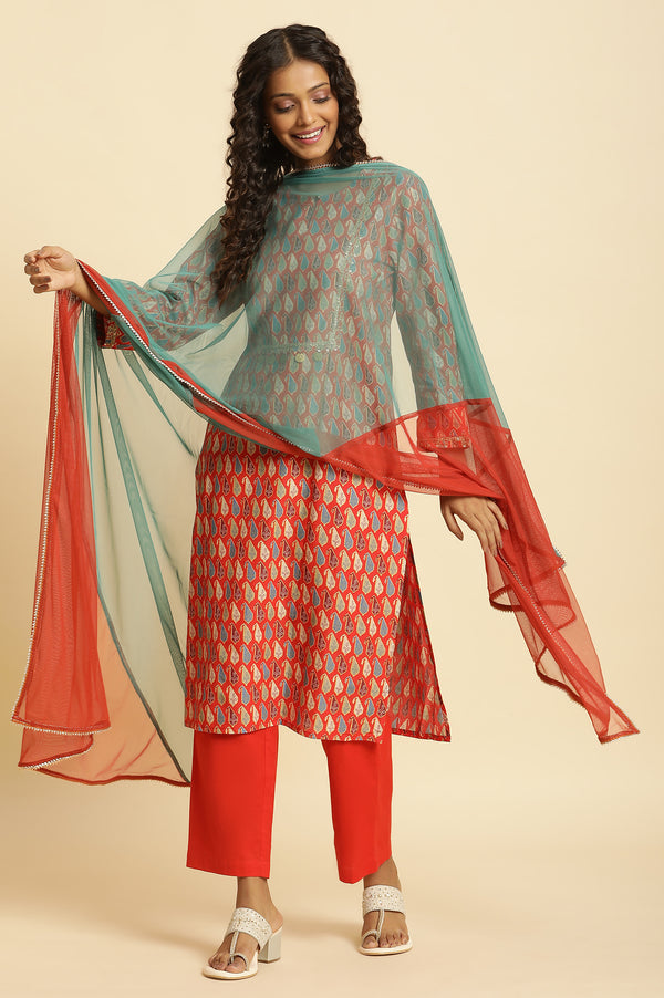 Orange and Teal Half-and-Half Net Dupatta