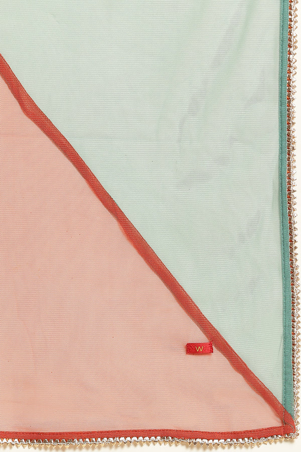 Orange and Teal Half-and-Half Net Dupatta