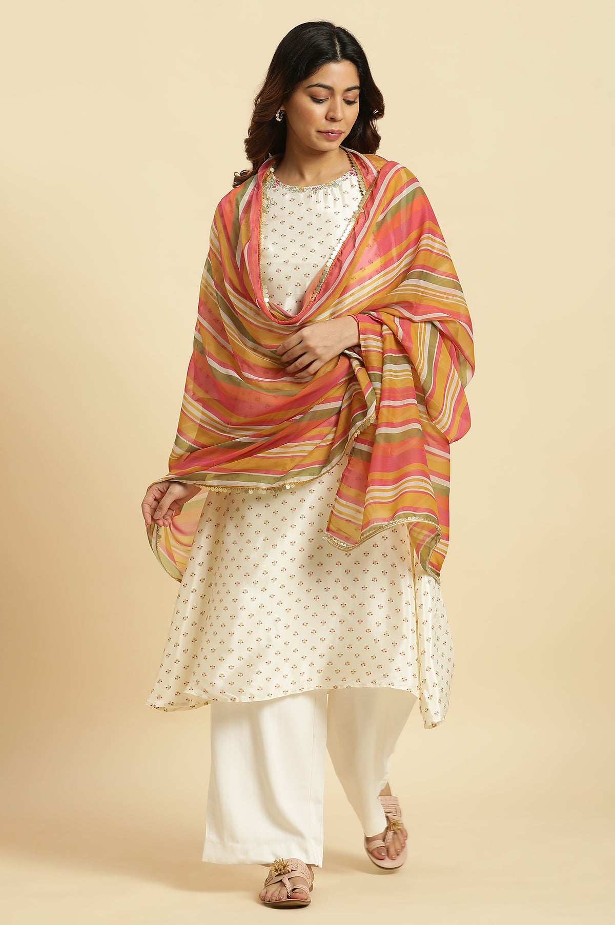 Multi-Coloured Striped Chiffon Dupatta - FS