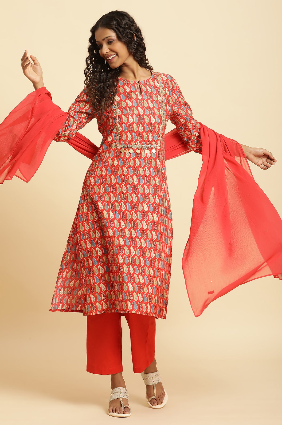 Red Chiffon Dupatta With Mukaish Detail - FS