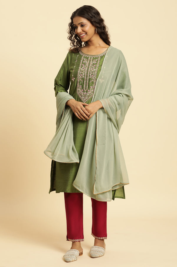 Green Solid Chiffon Dupatta With Gotta Border