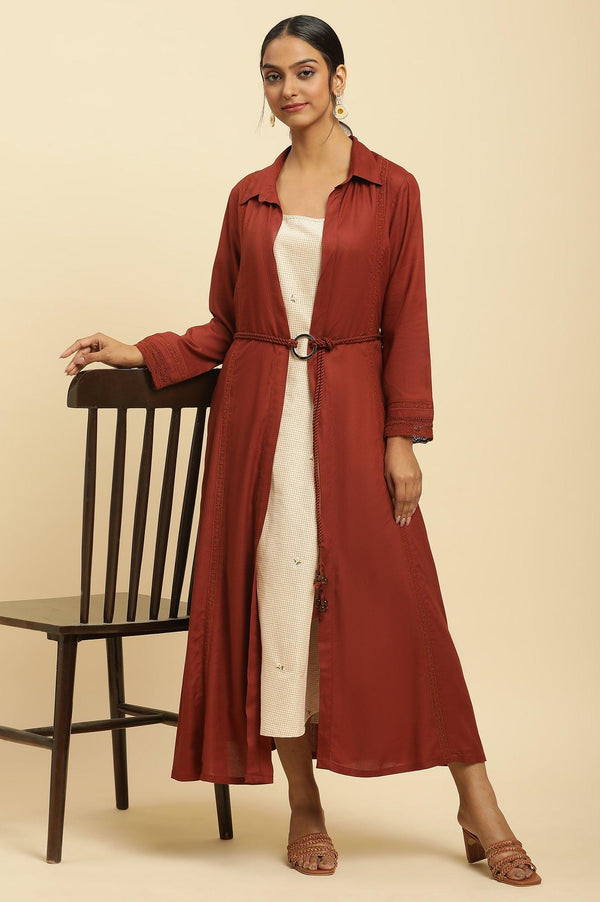 Rust Red Front Open Jacket And Strappy Dress Set
