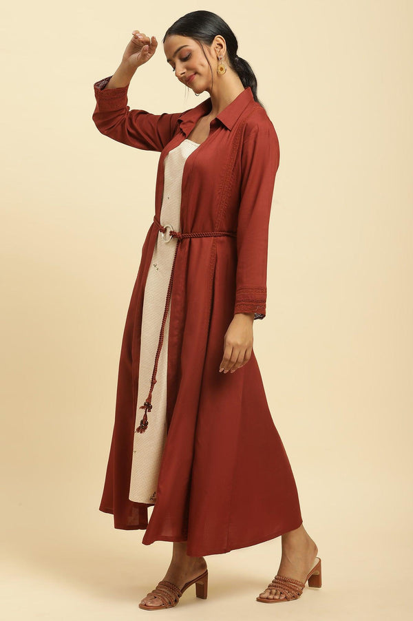 Rust Red Front Open Jacket And Strappy Dress Set