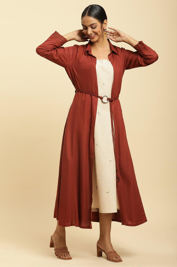 Rust Red Front Open Jacket And Strappy Dress Set