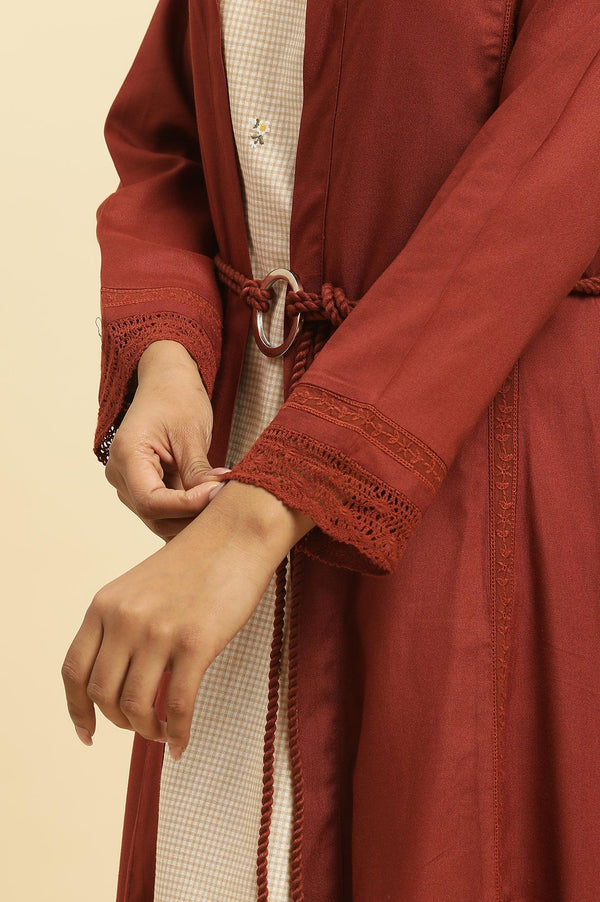 Rust Red Front Open Jacket And Strappy Dress Set