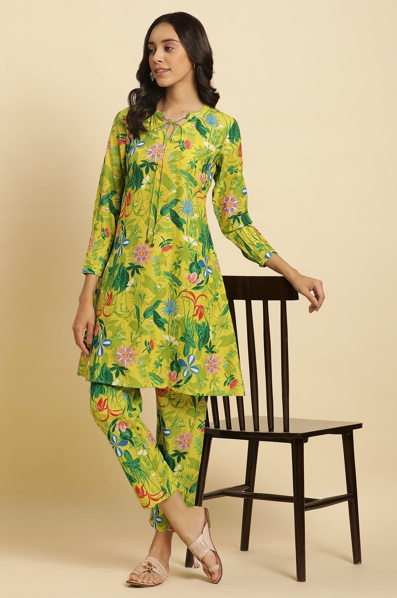 Green Floral Printed A-Line Kurta &amp; Pants Co-Ord Set - wforwoman