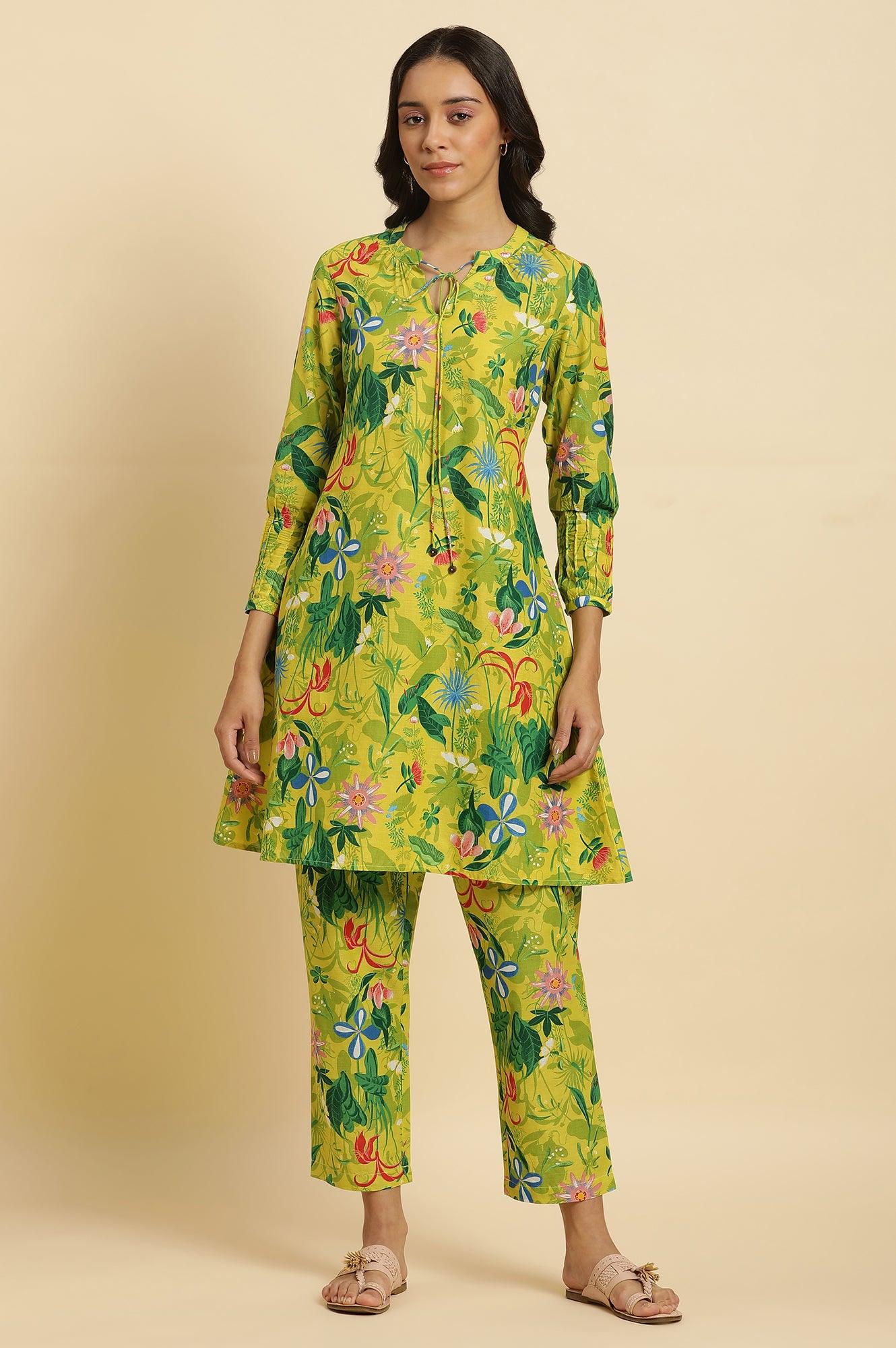 Green Floral Printed A-Line Kurta &amp; Pants Co-Ord Set - wforwoman