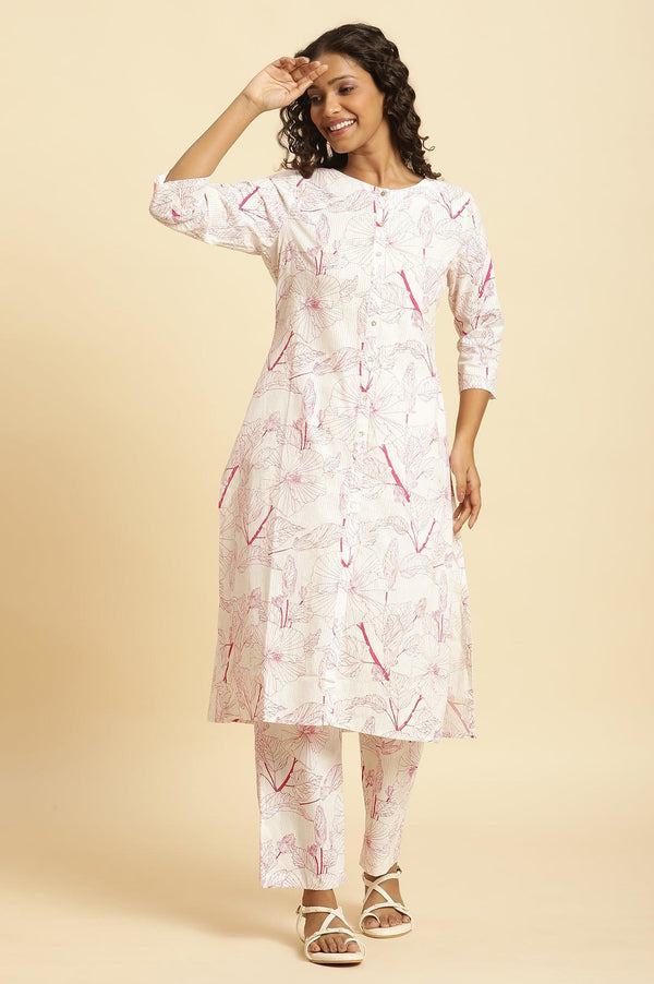 White Floral Printed Kurta And Pants Co-Ord Set