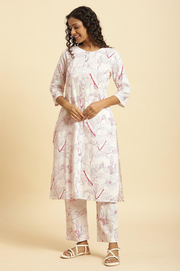 White Floral Printed Kurta And Pants Co-Ord Set
