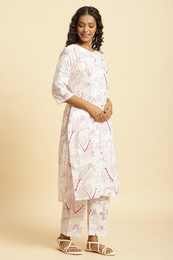 White Floral Printed Kurta And Pants Co-Ord Set