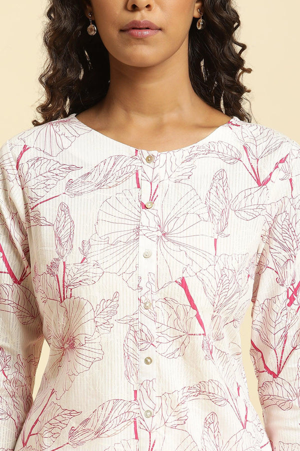 White Floral Printed Kurta And Pants Co-Ord Set