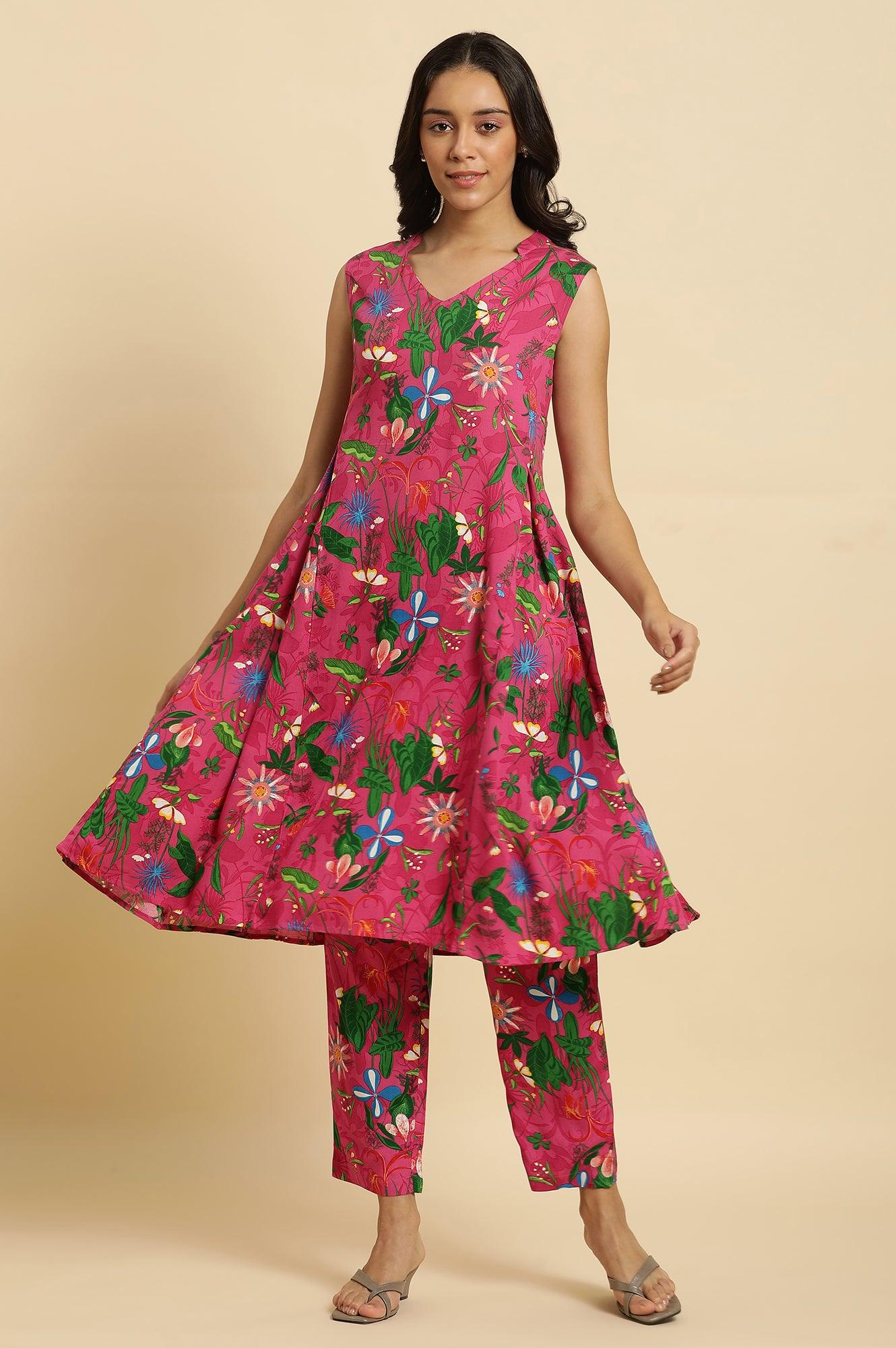 Pink Floral Printed Sleeveless Kurta &amp; Pants Co-Ord Set - wforwoman