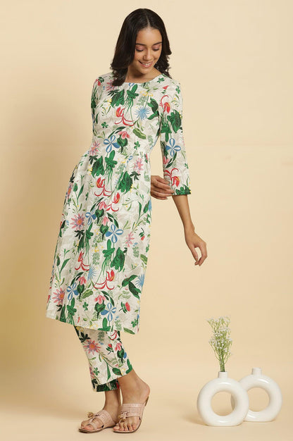 White Floral Printed A-Line Kurta And Pants Co-Ord Set - wforwoman