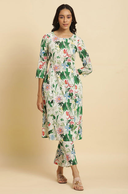 White Floral Printed A-Line Kurta And Pants Co-Ord Set - wforwoman