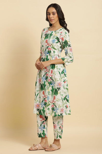 White Floral Printed A-Line Kurta And Pants Co-Ord Set - wforwoman