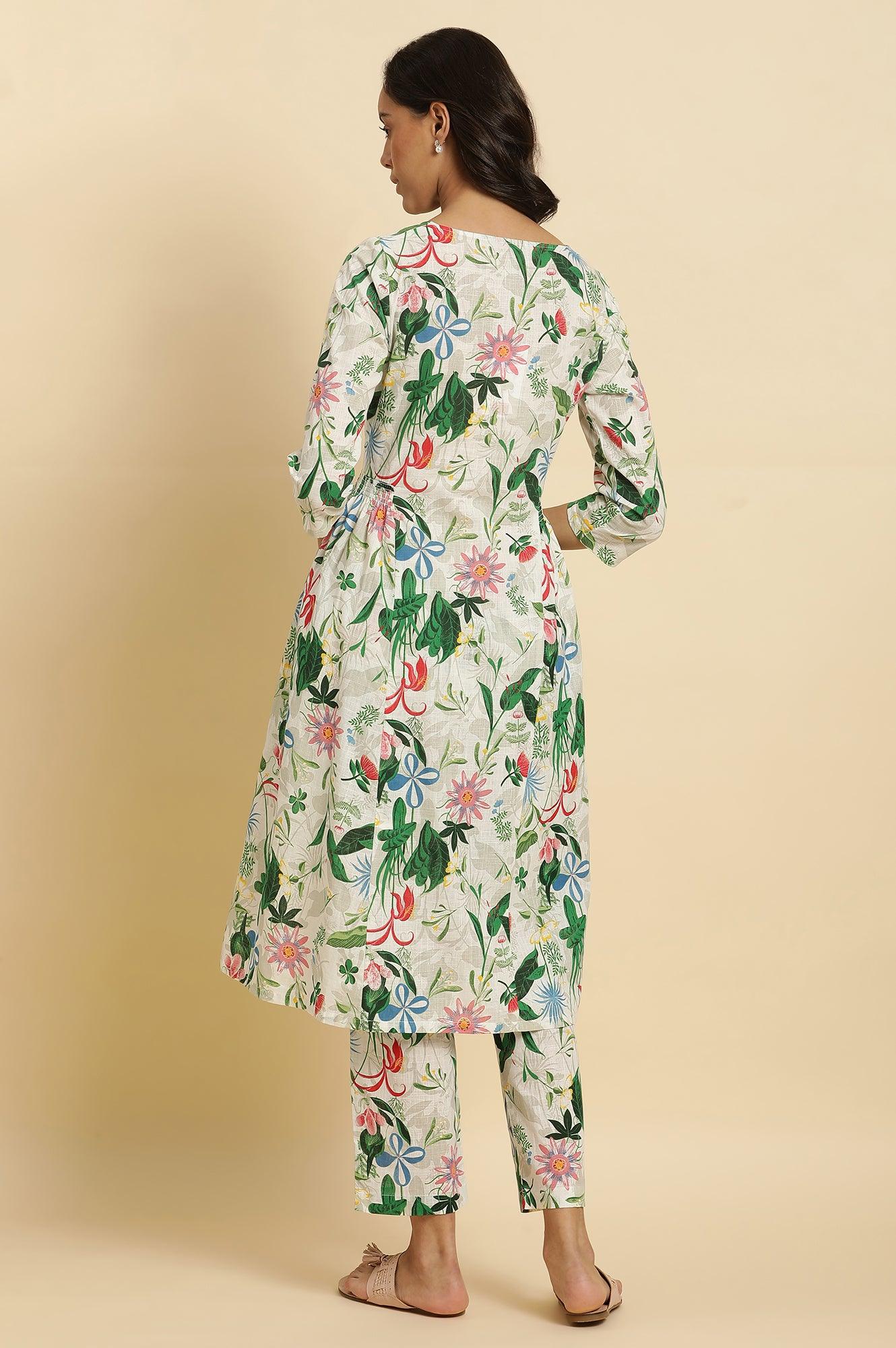 White Floral Printed A-Line Kurta And Pants Co-Ord Set - wforwoman