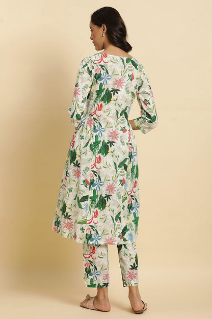 White Floral Printed A-Line Kurta And Pants Co-Ord Set - wforwoman