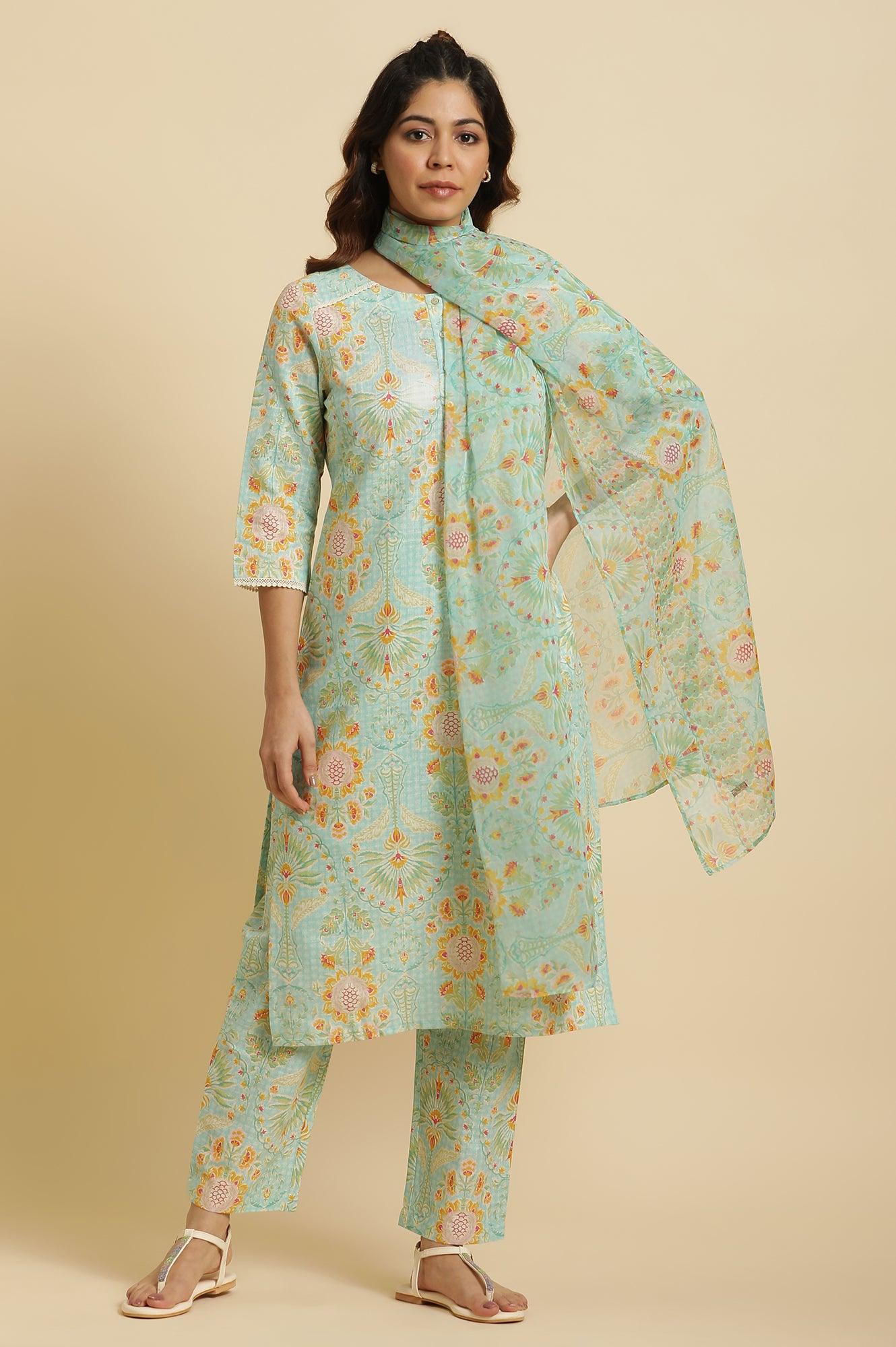 Light Green Floral Printed Kurta, Pants &amp; Dupatta Set - wforwoman