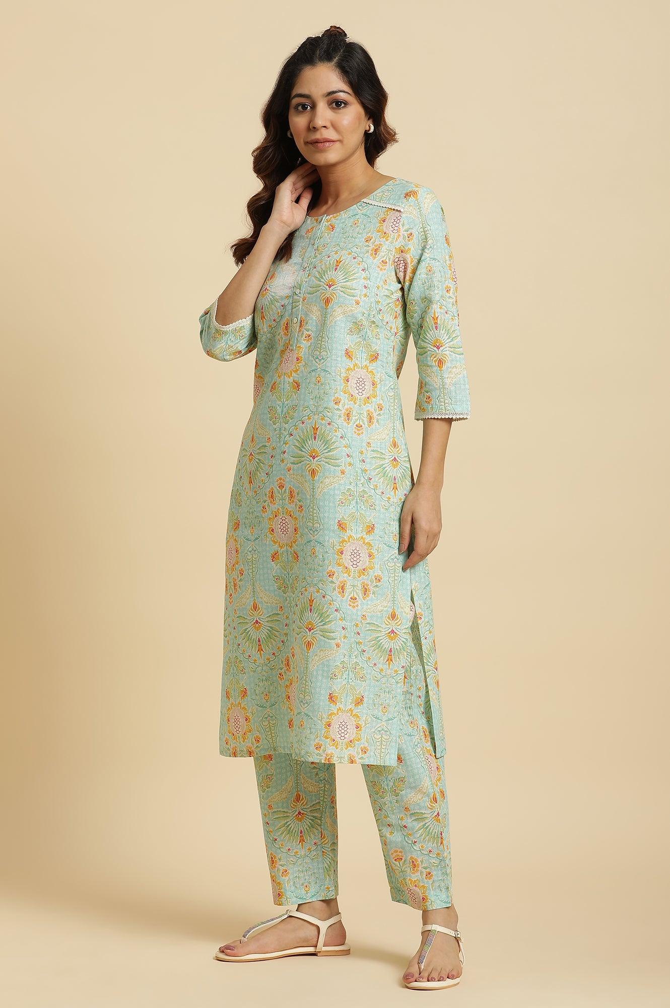 Light Green Floral Printed Kurta, Pants &amp; Dupatta Set - wforwoman