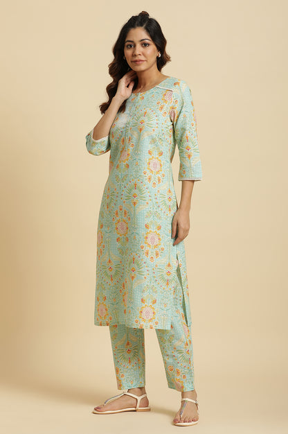 Light Green Floral Printed Kurta, Pants &amp; Dupatta Set - wforwoman