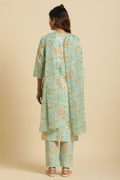 Light Green Floral Printed Kurta, Pants &amp; Dupatta Set - wforwoman