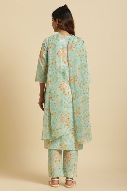Light Green Floral Printed Kurta, Pants &amp; Dupatta Set - wforwoman