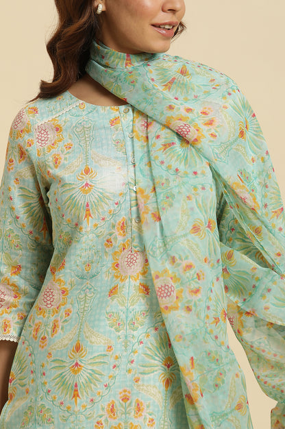 Light Green Floral Printed Kurta, Pants &amp; Dupatta Set - wforwoman