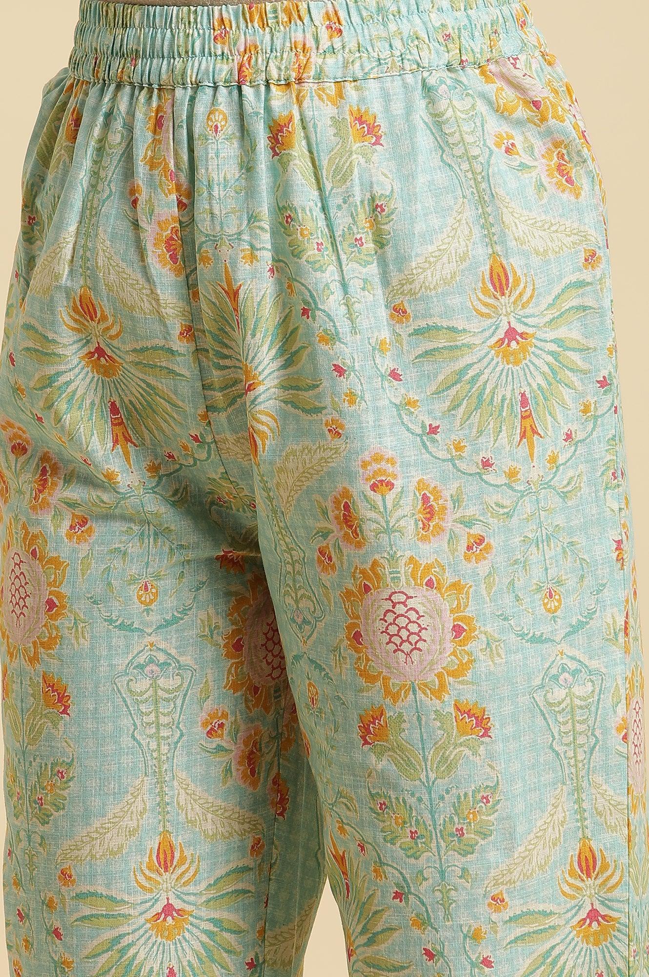 Light Green Floral Printed Kurta, Pants &amp; Dupatta Set - wforwoman