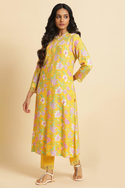 Bright Yellow Floral Printed Kurta &amp; Pants Set - wforwoman