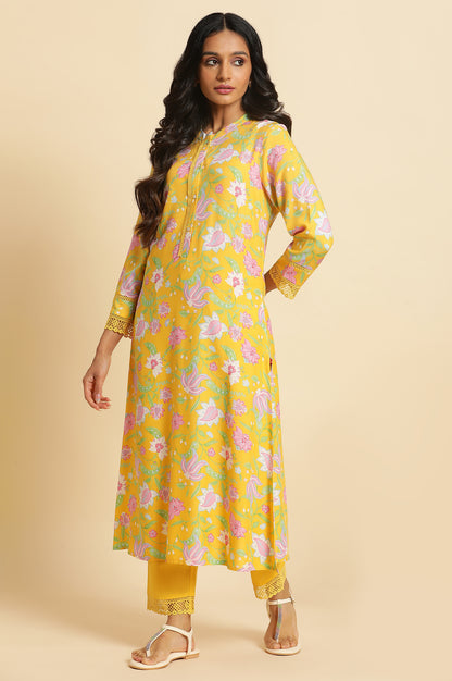 Bright Yellow Floral Printed Kurta &amp; Pants Set - wforwoman