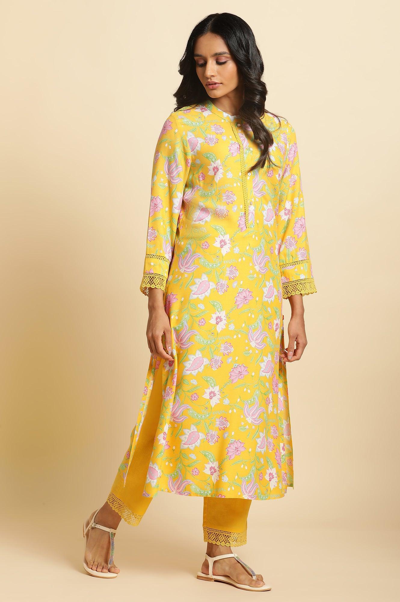 Bright Yellow Floral Printed Kurta &amp; Pants Set - wforwoman